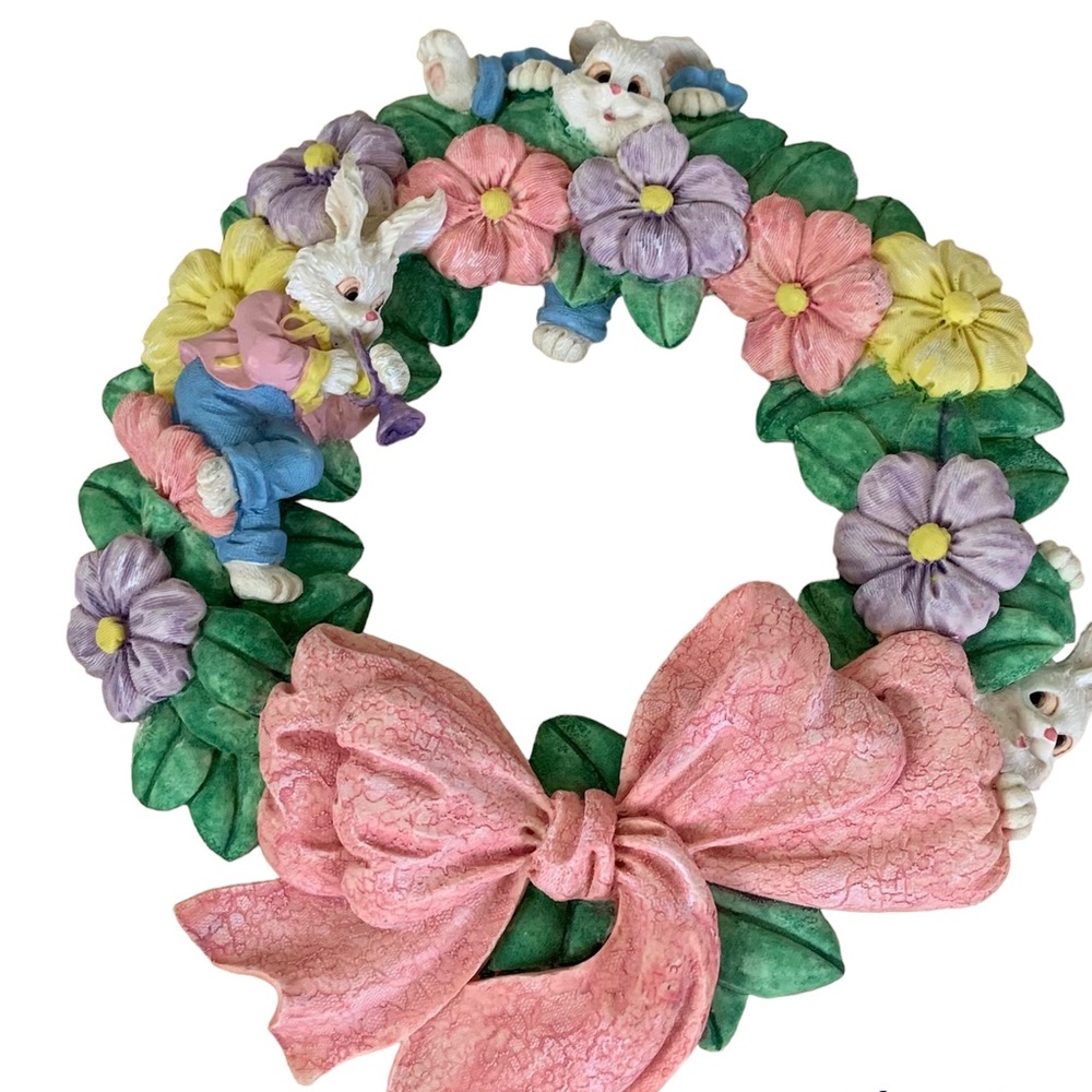 Easter Vintage Resin Spring Pastel
Flower Bunny Pink Bow Wall Decor
Wreath.